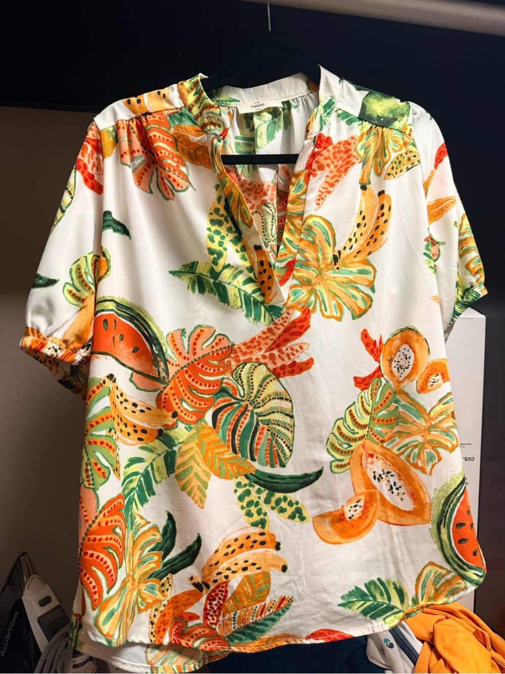 entro White Tropical Short-Sleeve Blouse with Orange & Green Print